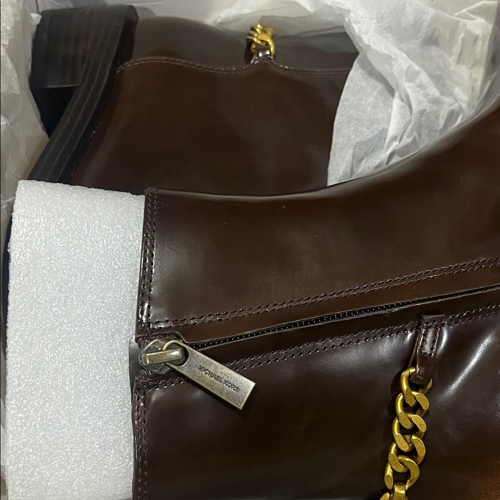 Michael Kors Dark Brown Leather Ankle Boots with Gold Chain